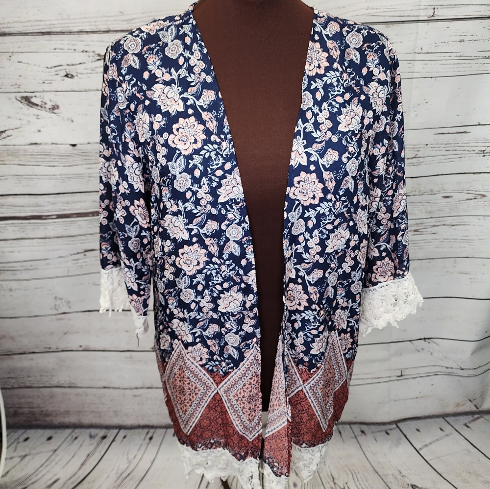 Anthropologie Gypsies & Moondust Blue Floral Boho Kimono‎ Size Medium